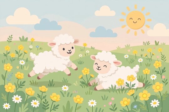 Cute lambs playing among buttercups in a sunny spring field illustration