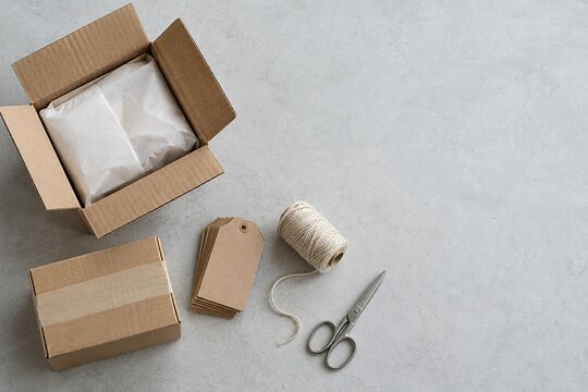 Kraft shipping boxes and packing supplies on a clean worktable with copy space