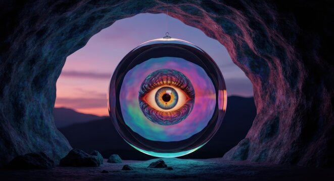 Crystal orb with eye inside, framed by a cave opening at sunset