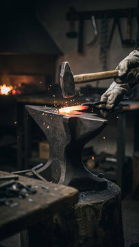 Blacksmith forging hot metal on anvil in traditional workshop with blacksmith workshop craftsman industry manufacturing traditional metalwork professional protection metallurgy production