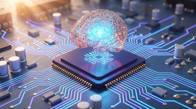 Glowing artificial intelligence brain concept on a digital motherboard circuit board with machine learning neural network data processing tech background future technol