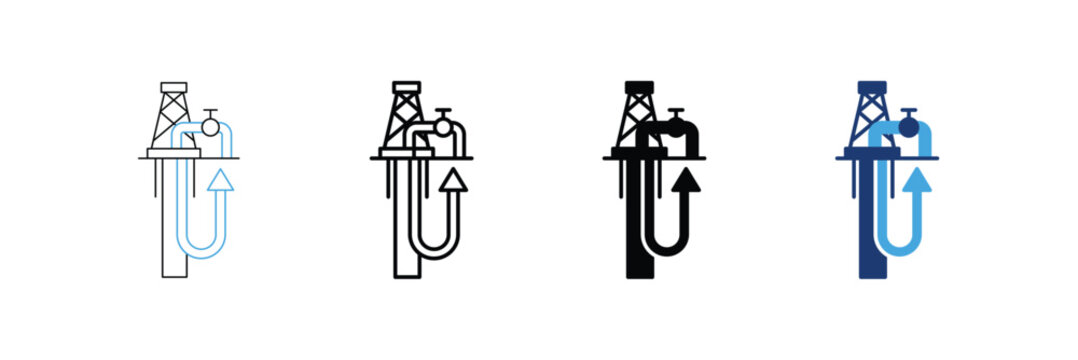 Geothermal well vector icon set, editable stroke, outline, solid, duotone