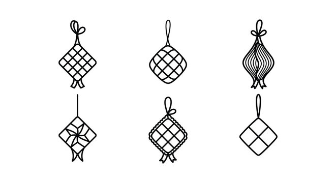 Woven ketupat silhouettes showcase traditional malay cuisine on a white background