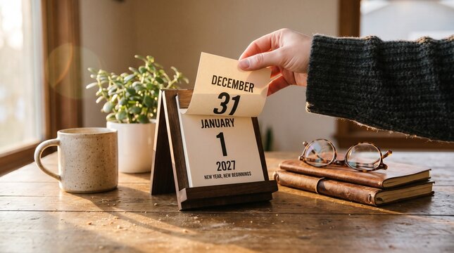 Hand flipping the calendar page from december 31 to january 1 2024 on a rustic wooden desk with books and eyeglasses turning page home office daily life calendar