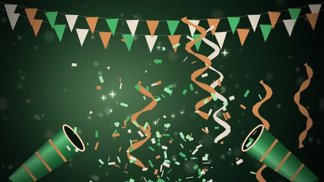 Party cannons launching streamers under green bunting seamless loop