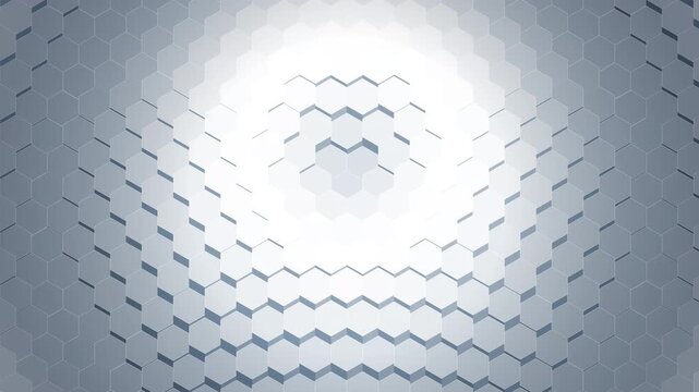 A premium 4K seamless 10-second looping motion graphic. Features a perfectly balanced medium shot of a clean 3D white hexagonal grid undulating in concentric radial waves, rendered using pseudo-isomet
