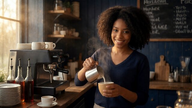 Smiling Young African American Woman Pouring Steamed Milk into a Cup of Coffee in a Cozy Rustic Cafe with Warm Morning Sunlight and Professional Espresso Machine