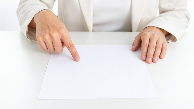 机に置かれた白紙の書類を指差しながら内容を説明するビジネス人物の手元とコピースペース