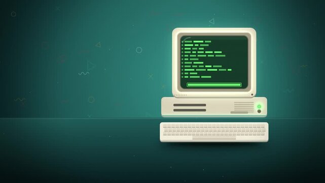 Retro beige desktop computer booting up on teal background