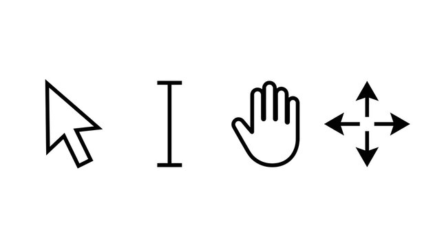 Mouse Cursor Icons Set with Arrow Pointer, Text Select I-Beam, Grab Hand and Move Arrows in Black Outline