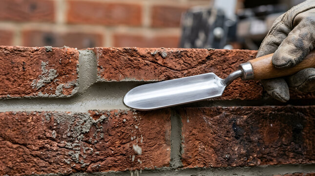 Bricklayer pointing brickwork close up photograph, skilled mason using a pointing trowel tool on wet mortar joint of red brick wall, construction industry, masonry home renovation marketing.