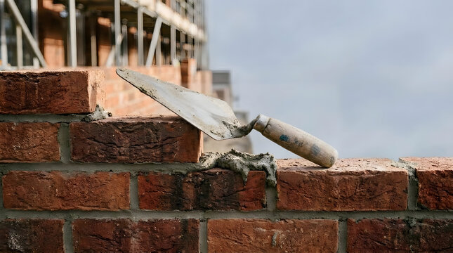 Masonry trowel tool resting on a freshly laid red brick wall at a construction site, professional bricklayer equipment for building exterior home structures, industrial masonry craftsmanship concept.