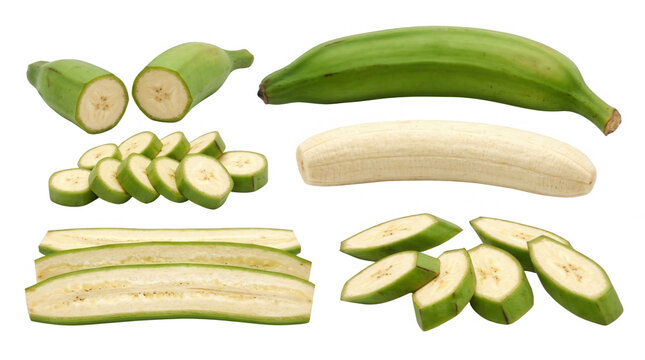 A vibrant arrangement of green plantains and bananas displayed against a black background, showcasing various cut styles including whole, halved, and sliced sections