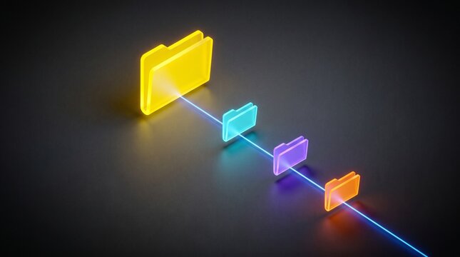 Digital data transfer visualization with colorful 3D file folders along a glowing blue light path data management folder icon cloud storage data transmission