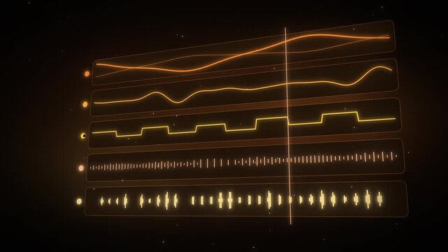 Orange audio waveform growing toward noise particles on black