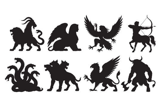 Set of silhouettes of mythical creatures and monsters