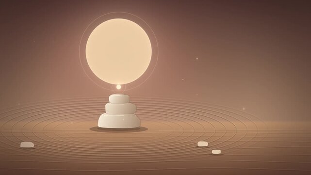 Beige zen stone stack with glowing sun over raked sand seamless loop