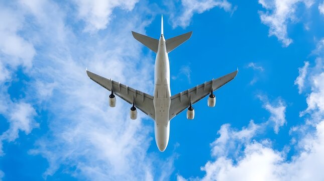 An aerial view of a wide body commercial aircraft in flight  seen from directly beneath as it cruises through a vivid blue sky dotted with soft white cumulus clouds