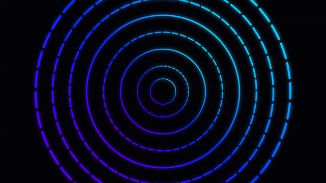 Glowing neon blue dashed concentric circles pulsing outward in a hypnotic digital motion graphics video clip animation background