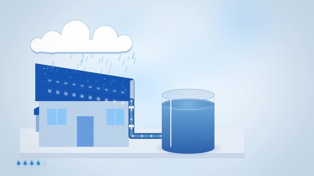 Rain cloud pours onto house roof filling a large blue water tank