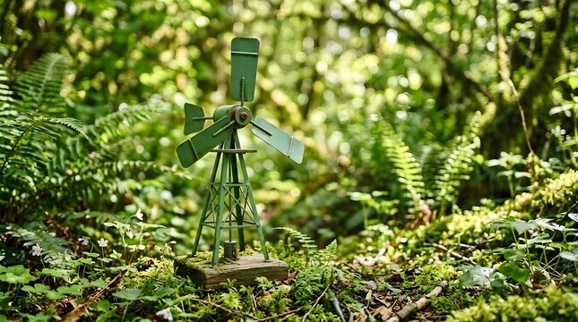 A miniature green windmill sits on a wooden base amidst vibrant green ferns  moss  and wildflowers in a sunlit woodland setting