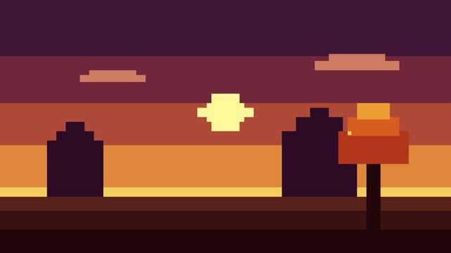 Pixel art sunset video footage featuring retro 8-bit landscape with moving clouds and glowing sun animation