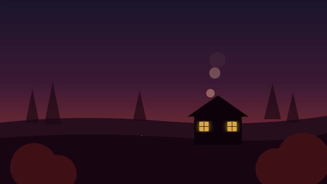 Cozy isolated cabin nestled in a dark mysterious forest with glowing warm windows during twilight motion video clip