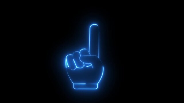 blue neon line foam finger pointing index finger up icon animation on black background