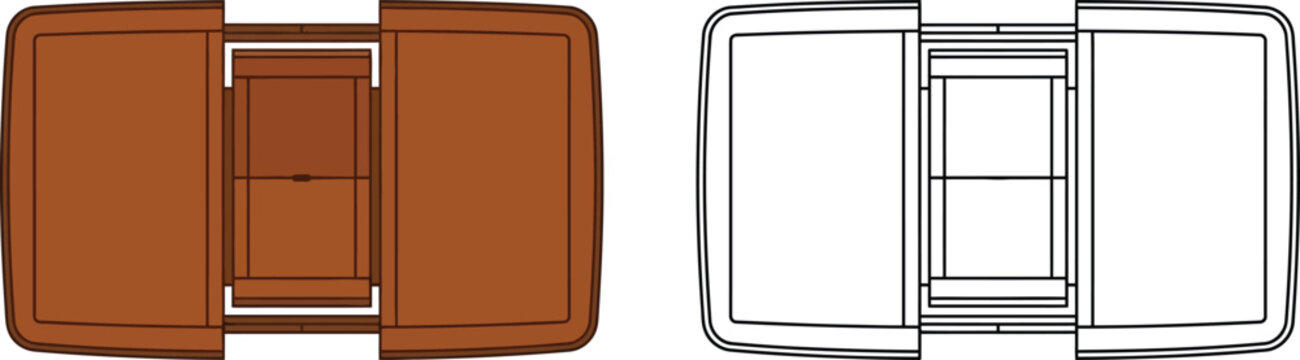 Vintage leather wallet top view vector, open brown bifold pocketbook illustration, classic men's accessory line art for fashion design