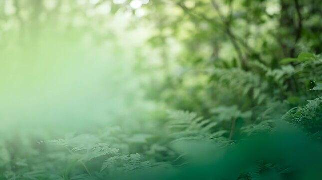 Soft green ferns and blurred tree branches fill this peaceful woodland setting where diffused light enhances the calmness of nature s quiet beauty