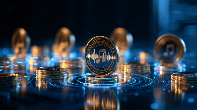 Music tokenization background featuring digital music tokens and blockchain nodes, tokenized music rights, royalty tokens, artist ownership, fan engagement, music NFTs, blockchain