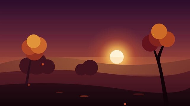 Beautiful autumn landscape animation featuring colorful falling leaves against a vibrant sunset sky background loop motion footage
