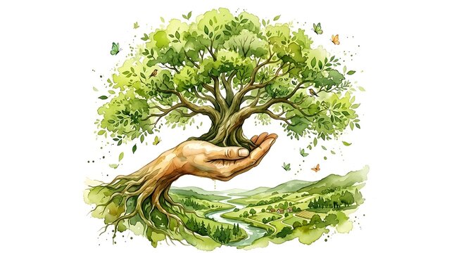 An illustrated scene where a human hand supports a large  leafy tree whose roots grow into a vibrant countryside with winding river  rolling hills  and scattered trees