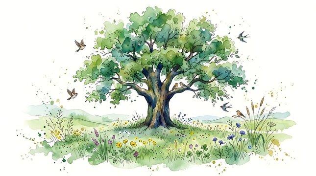 An illustrated scene of a majestic tree with lush foliage  surrounded by vibrant flowers and several small birds in flight over a gentle landscape