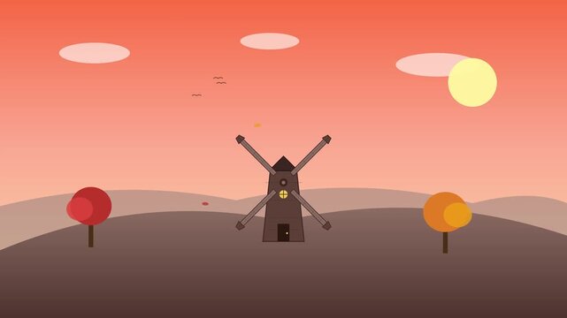Windmill rotating blades in rural landscape vector animation with sunset sky and trees motion graphic clip