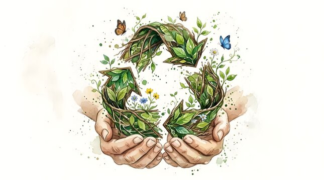 Illust n showing two human hands supporting an eco friendly recycling sign crafted from foliage  surrounded by small flowers and colorful butterflies