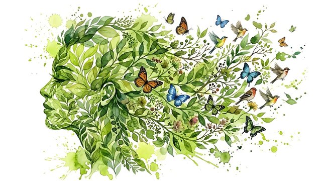 An ic watercolor illust n of a profiled human head composed entirely of leaves  vines  flowers  butterflies  and small birds in flight against a white background with paint splatters
