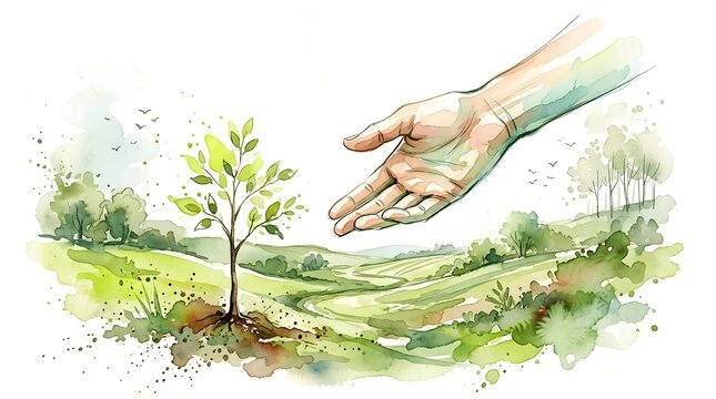 An illustrated watercolor scene showing an outstretched hand hovering above a small sapling rooted in fertile soil  surrounded by gentle hills  scattered foliage  and birds flying overhead