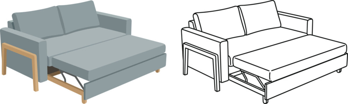 Modern pull-out sofa bed vector set, contemporary gray fabric sleeper couch with wooden frame, minimalist furniture line art and flat illustration