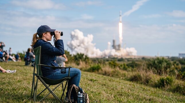 Woman Watches Thrilling Rocket Launch Event