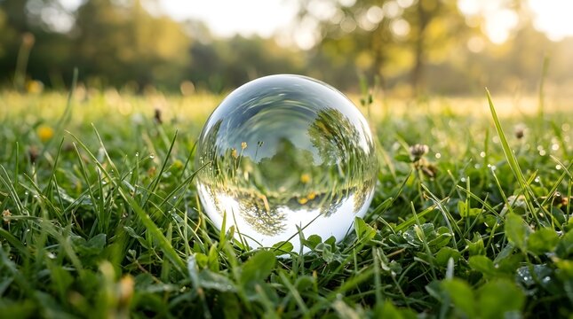 A transparent spherical object sits nestled among dew kissed blades of grass  capturing an inverted and warped reflection of surrounding foliage and bright sky through its smooth curvature