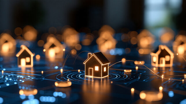 Real estate tokenization background featuring digital property tokens connected to blockchain infrastructure, tokenized real estate, fractional ownership, property investment,