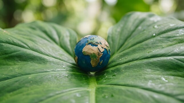 The miniature Earth model is placed centrally on a broad  textured green leaf surrounded by out of focus vegetation under diffused daylight