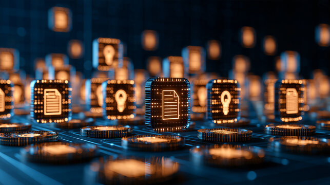 Intellectual property tokenization background featuring digital tokens representing copyrights, patents and creative rights, IP tokenization, intellectual property assets, digital
