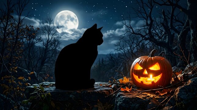 Happy halloween black cat and jack o' lantern under full moon spooky night scene