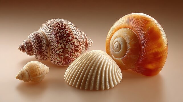 Texture detail of seashells close up, radiating ribs, vertical ridges, spiral pattern, concentric growth lines and scalloped edges, 