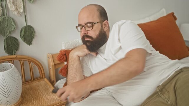 Man reclined on bed holding remote, hand to head and eyes closed while reaching for tv control near nightstand in building; fatigue.