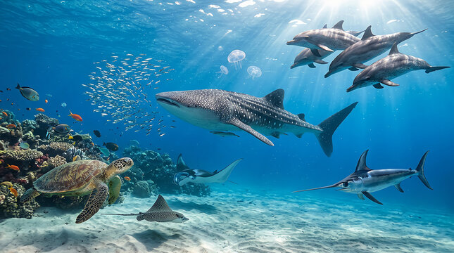 A diverse group of marine animals swims within a vibrant underwater ecosystem