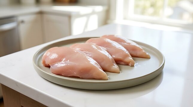 Raw chicken breast fillets on a ceramic plate in a bright modern kitchen. no prep chicken 