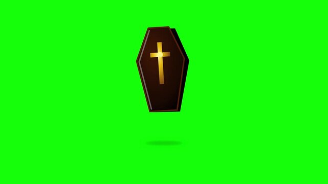 Wooden coffin with golden cross floating in vertical motion over bright green chroma key background video clip